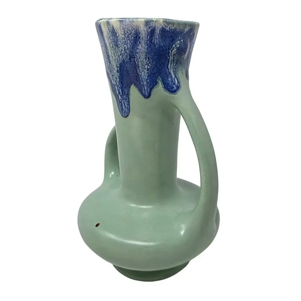 Vintage Double Handle Vase Mint Green Blue Drip Glaze Art Pottery 6.5